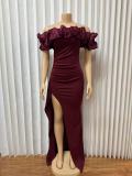 Solid Color Ruffles Spit Maxi Dress GMYU-11037