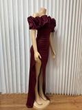 Solid Color Ruffles Spit Maxi Dress GMYU-11037