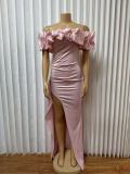 Solid Color Ruffles Spit Maxi Dress GMYU-11037