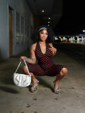 Halterneck Deep V Neck Polka Dots Print Romper CM-60402