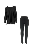 Solid Color Loose Tops Tight Pants 2 Piece Set BMF-680
