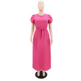 Short Sleeve Solid Color Belt Maxi Dress GYLY-11143