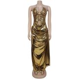 Halterneck Backless Ruched Maxi Dress BY-7491
