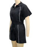 Contrast Color Line Patchwork Tops Sport Two Piece Shorts Set SH-391521