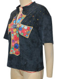 Vintage Cross-Print Rhinestone Top SH-391514