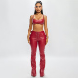 PU Leather Sling Top Two Piece Pants Set YNSF-8030