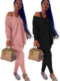 Solid Color Loose Tops Tight Pants 2 Piece Set BMF-680