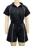 Contrast Color Line Patchwork Tops Sport Two Piece Shorts Set SH-391521