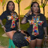 Vintage Cross-Print Rhinestone Top SH-391514