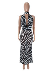 Zebra-print Sleeveless Halterneck Long Skirts Suit SHD-9965