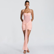 Mesh Halterneck Ruched Mini Dress GSZM-D26DS054
