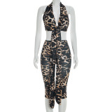 Leopard Print Sleeveless Backless Top Seventh Pants Suit  GSZM-C26ST054