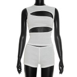 Solid Color Sleeveless Hollow Out Short Suit MXBF-J26ST068