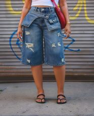 Plus Size Fashion Holes Straight Fifth Jeans GYLN-8797