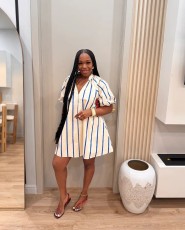 Striped Bubble Short-Sleeve Midi Dress OLYF-6197