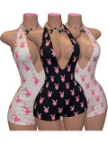 Deep V Neck Backless Print Romper CH-26106