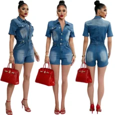 Short Sleeve Washed Lapel Denim Romper LA-6001
