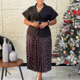 Plus Size Short Sleeve Blazer Polka Dot Print Long Skirt Suit GATE-620