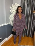 Stripe Long Sleeve Cardigan Two Piece Pants Set LS-6533