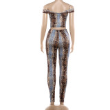 Snake Print One Shoulder Tight Pant Suit GZJQ-K6S00535A