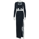 Solid Color U Neck Long Sleeve Two Piece Skirts Set GJYO-JSD711882