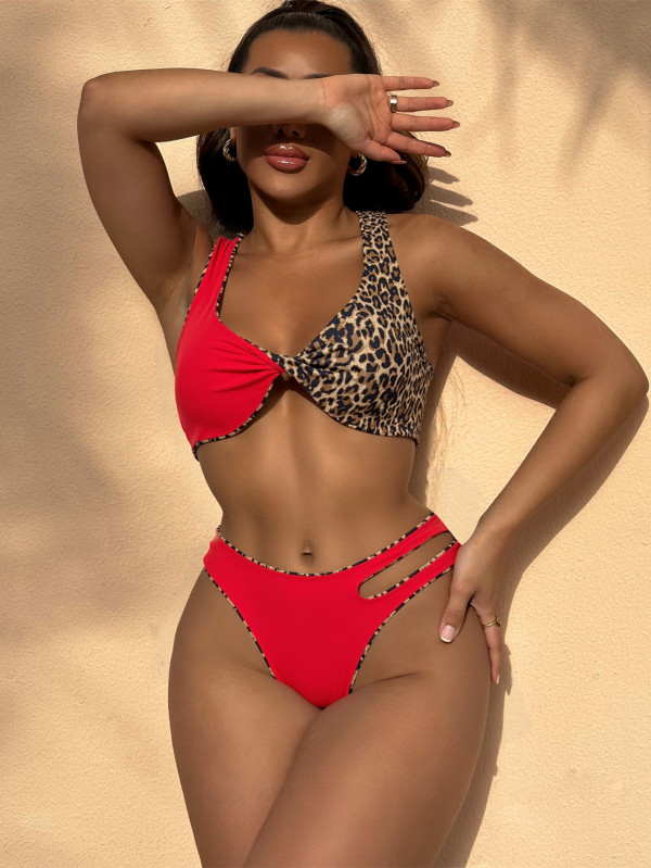 Leopard Print Color Block Bikinis 2pcs Swimsuit CASF-6762