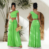 Slash Shoulder Tops Ruhced Two Piece Skirts Set BY-7675