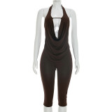 Deep V Neck Backless Tops Two Piece Pants Set MXBF-J26ST018