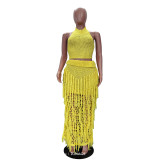 Solid Color Sleeveless Knits Tassel Skirts Two Piece Set  TR-1363