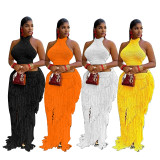 Solid Color Sleeveless Knits Tassel Skirts Two Piece Set  TR-1363