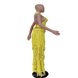 Solid Color Sleeveless Knits Tassel Skirts Two Piece Set  TR-1363