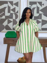 Plus Size V Neck Puff Sleeve Stripe Loose Mini Dress SFY-840