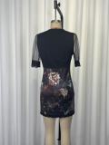 Lace Mesh Patchwork Print Mini Dress GWDS-260306