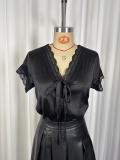 V Neck Tie Up Satin  Lace Patchwork Tops GWDS-260205
