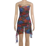 Print Ruched Diamond Chain Sling Mini Dress XEF-K6D04318A