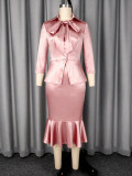 Plus Size Bow-Tie Satin Blazer And Fishtail Skirt Suit GKEN-ATP060348