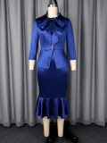Plus Size Bow-Tie Satin Blazer And Fishtail Skirt Suit GKEN-ATP060348