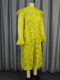 Plus Size Hollow Out Flare Long Sleeve Midi Dress 2 Piece Set  GKEN-AM040851SET