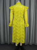 Plus Size Hollow Out Flare Long Sleeve Midi Dress 2 Piece Set  GKEN-AM040851SET