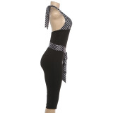 V Neck Patchwork Halterneck Tie Up Seventh Jumpsuit GZJQ-K6Q05199A