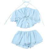 Solid Color Halterneck Backless Vest Shorts 2 Piece Set GZJQ-K6S03135A