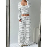 Stripe Square Neck Tops Wide Leg Pants 2 Piece Set GYWO-55053