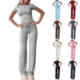 Solid Color Short Sleeve Sports Two Piece Pants Set GYWO-55007