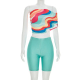 Single Shoulder Colorful Print Two Piece Shorts Set MXBF-J26ST125