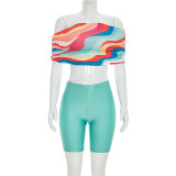 Single Shoulder Colorful Print Two Piece Shorts Set MXBF-J26ST125