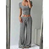Stripe Square Neck Tops Wide Leg Pants 2 Piece Set GYWO-55053