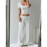 Stripe Square Neck Tops Wide Leg Pants 2 Piece Set GYWO-55053