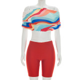 Single Shoulder Colorful Print Two Piece Shorts Set MXBF-J26ST125
