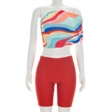 Single Shoulder Colorful Print Two Piece Shorts Set MXBF-J26ST125