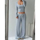 Stripe Square Neck Tops Wide Leg Pants 2 Piece Set GYWO-55053
